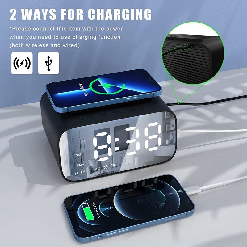 Digitaler wecker, kabelloses ladegerät und usb-ladestation für den nachttisch, bluetooth-lautsprecher, großes led-display