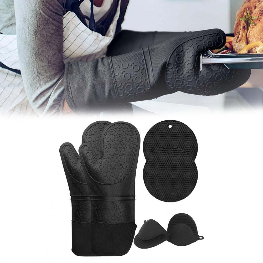 5Pcs/Set Oven Mitts Flexible Heat Insulation Silicone Extra Long Mittens Gloves Pot Holders Placemat for Kitchen