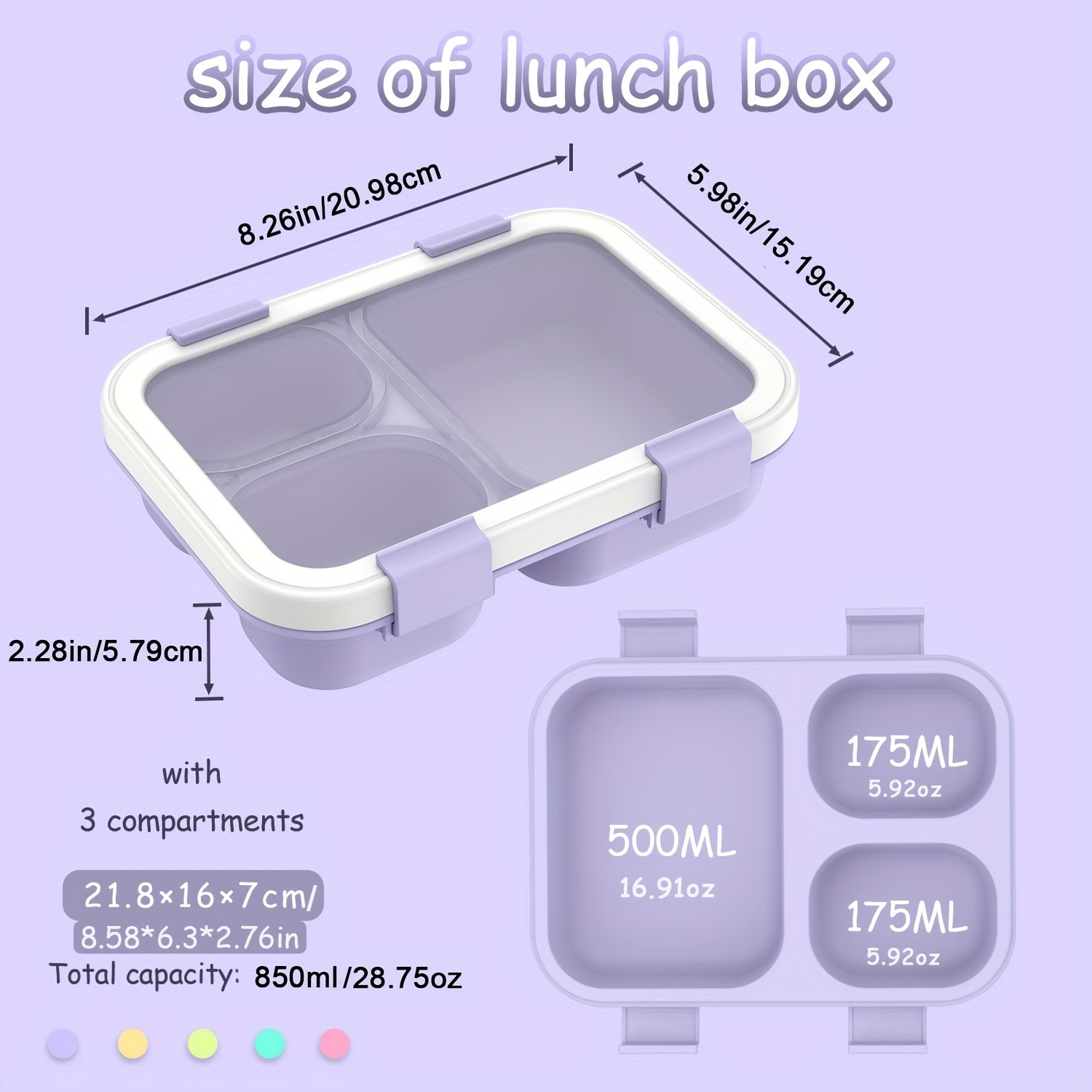 Bärbar lunchlåda för barn i skolan, läckagesäker picknick bentobox, mikrovågsugn, matlåda med 3 fack, matförvaringsbehållare