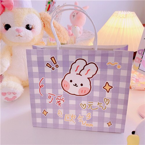 3pcs/lot Grid girl Bags Kraft Packaging Handle Paper Storage Bag for Wedding Candy Favor Bag With Handle Bag: Purple grid rabbit