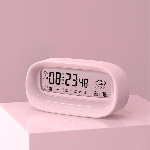 Simple duog alarm clock for students to wake up cute cartoon smart digital calendar LCD multi-function: Pink