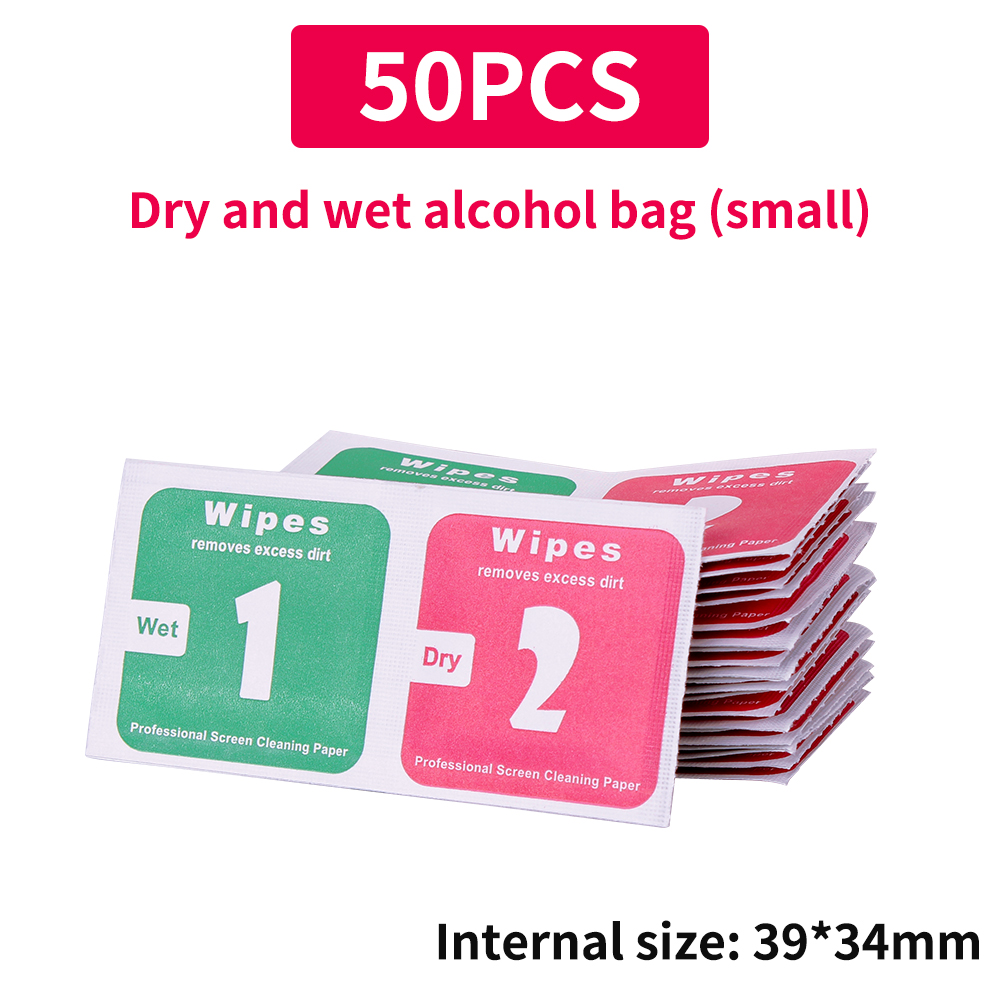 LUXIANZI 50 Uds toallitas húmedas y secas papel de eliminación de polvo para iPhone teléfono lente de cámara pantalla LCD óptica paño de limpieza de vidrio templado: Rojo, tono plata