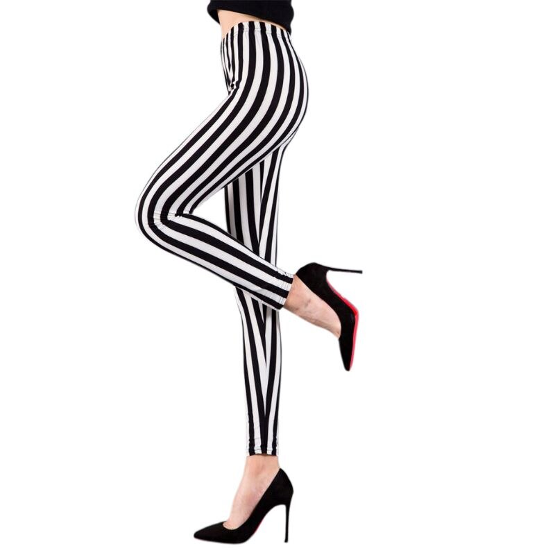 Mallas elásticas hasta el tobillo, de corte medio, para mujer, estampado de rayas verticales en negro y blanco, pantalones Capri informales elásticos: Default Title