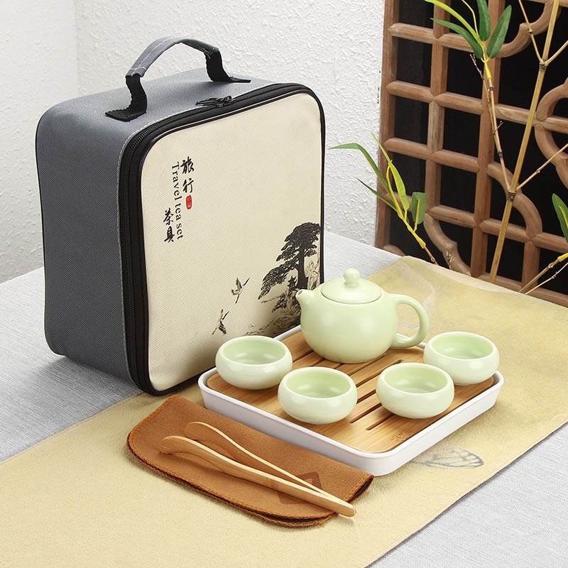 Kinesisk rejse kung fu te sæt keramisk bærbar matcha sæt tekande porcelæn teaset gaiwan te kopper tekande med rejsetaske: 8