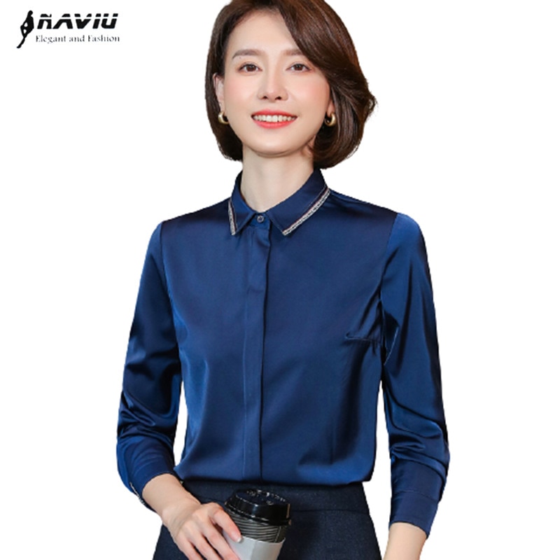 Navy Blue Satin Chiffon Shirt Women Spring Simple Tops Long Sleeve High End Formal Work Blouses White