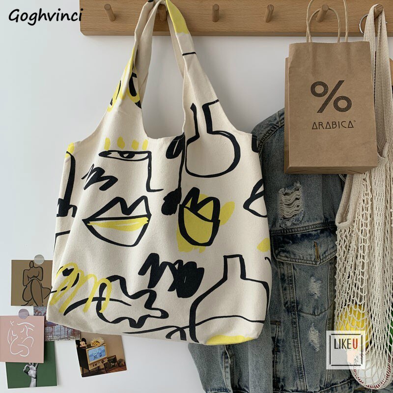 Shopping Bags Women Canvas Harajuku Geometric Printed Large Capacity Vintage Chic Japanese Style Students Eco Foldable