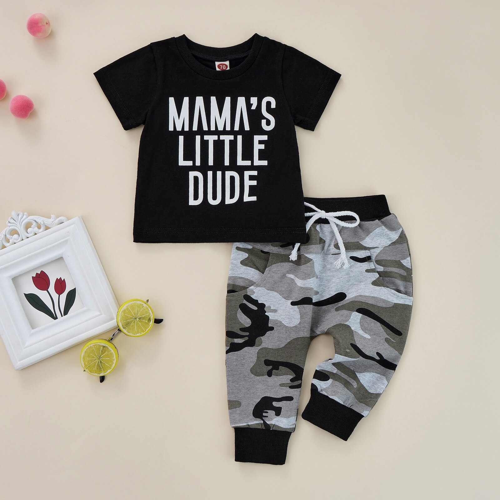 2- teiliges freizeitoutfit für kleine jungen, herbst-einstellen für kleinkinder: kurzarm-oben mit rundhalsausschnitt und buchstabenprint + lange Schlauch Ich bin Tarnung-suchen (3m-3ter- Pack)