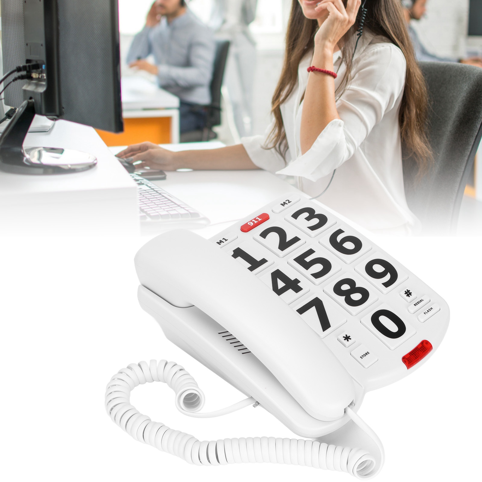 Telefon med stora knappar, trådbunden fast telefon med stora knappar, lättlästa stora knappar och superljuda ringsignaler