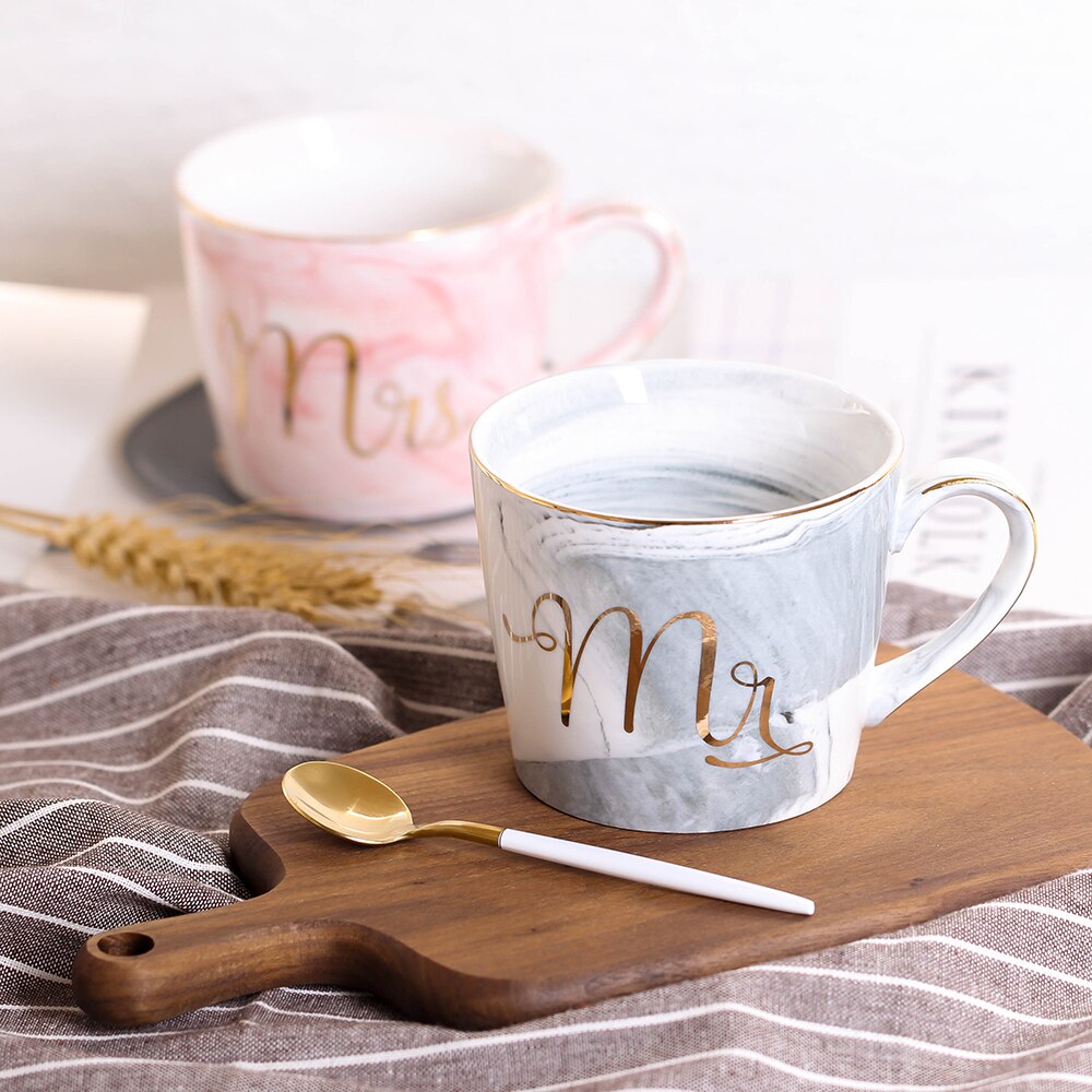 380ml Marble Ceramic Mug Travel Coffee Mug Milk Tea Cups Mr and Mrs Mugs Pink Gold Inlay Breakfast Home Decor