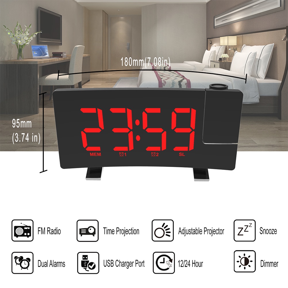 Digital Alarm Clock LED Screen Dual Alarm Snooze Projection Clock Dimmer FM Radio USB Recharge Electronic Clock