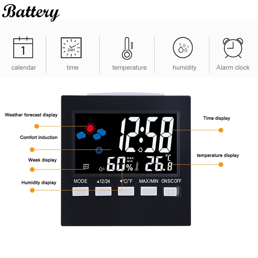Digitalt lcd indendørs termometer hygrometer vækkeur kalender vejrstation skrivebord ur temperatur luftfugtighed meter barometer: 1