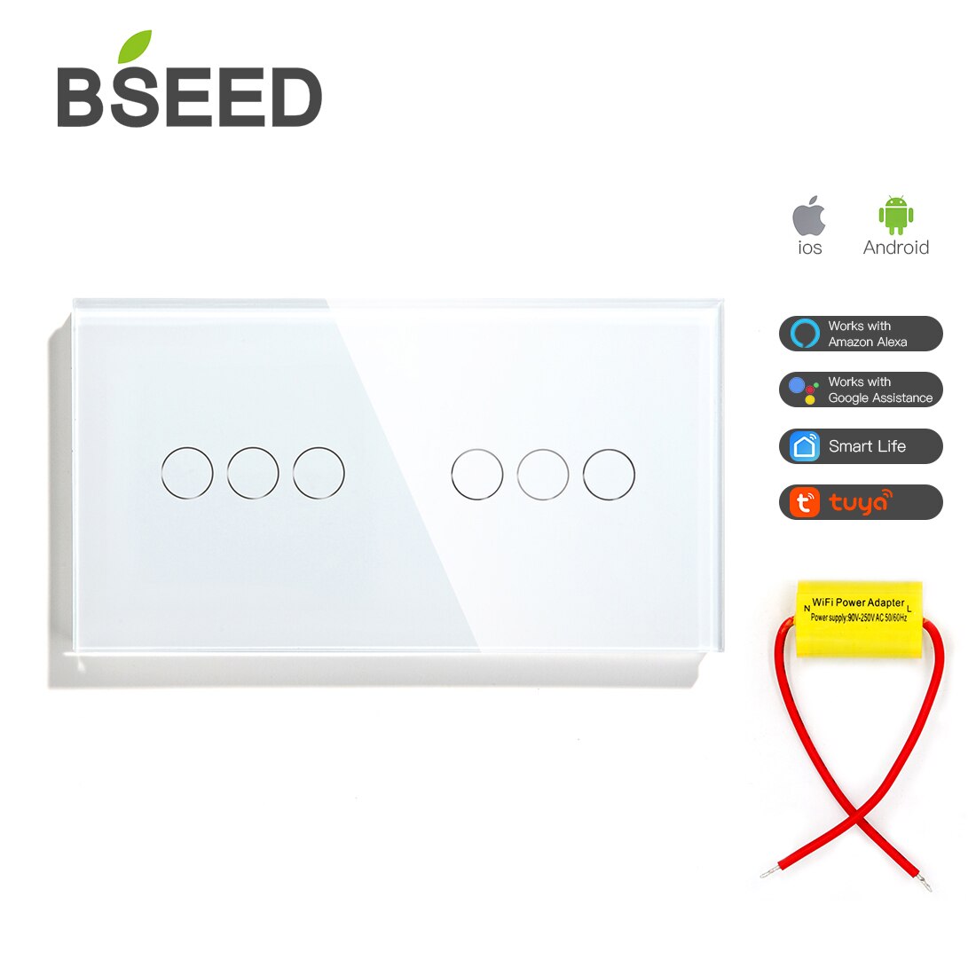 Bseed 6 Gang Smart WifI Control Single Live Touch Switch 157mm Mirror 3 Color Crystal Panel Switch Work With Tuya Smart Life: white