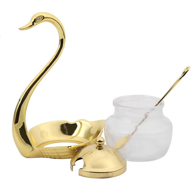 -2X Aluminum Alloy Condiment Pot Seasoning Container Coffee Storage Organizer Swan Rack Set Gold