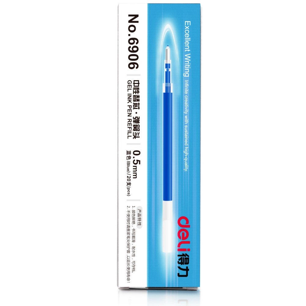 Deli Gel ink Pen Gel pen 0.5mm 110*5.5mm spring head press pen black blue red refills 20/box 6906