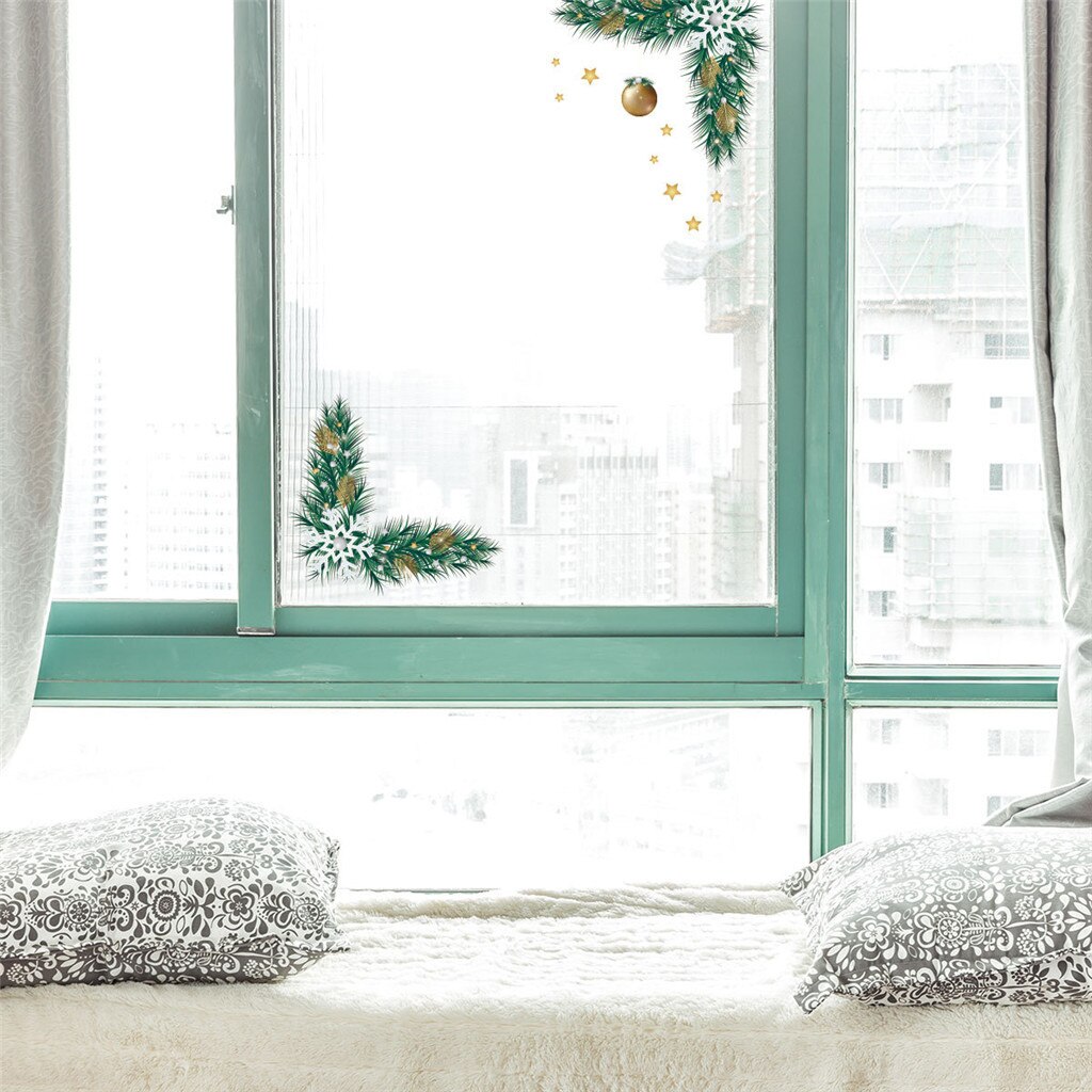 Christmas Green Plant Twig Bell Wall Sticker Simulation Plant Affixed Toilet TV Background Decor Wall Window Decoration Stickers