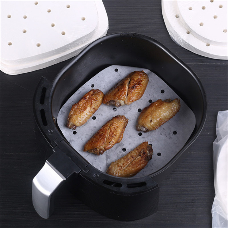 50Pcs Square Air Fryer Premium Perforated Pad Parchment Non-Stick Steaming Basket Mat Baking Cooking Oil Paper