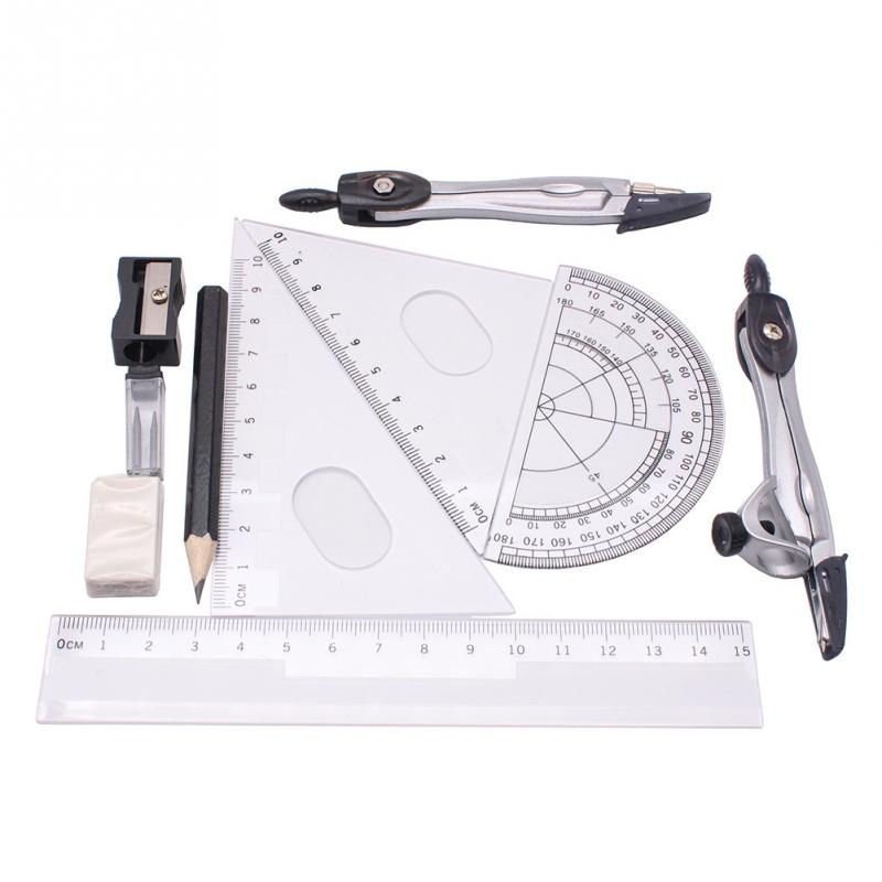 10pcs/set Plastic+metal Geometry Protractor Set Drawing School Compasses Set Math Eraser For Students