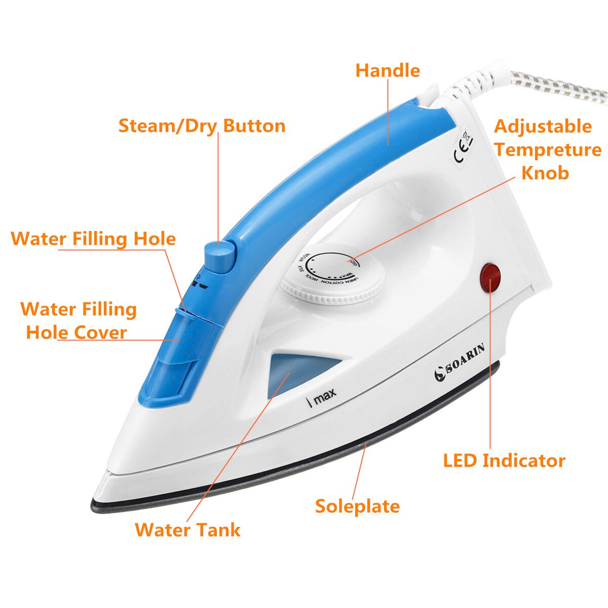 1200W Electric Steam Iron 5 Speed Adjustable Clothes Ironing Steamer Portable Ceramic Soleplate Garment Steam Generator