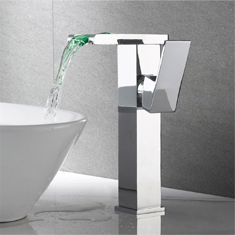 Grifo de cristal tipo cascada para lavabo de baño, hecho de latón, Led