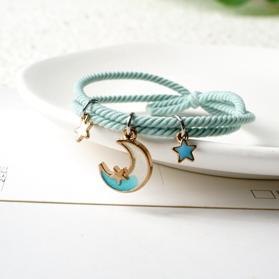 2 pçs estrela lua magnética casal pulseira conjunto para homens mulheres na moda artesanal corda corrente amizade pulseira ajustável jóias: E-A