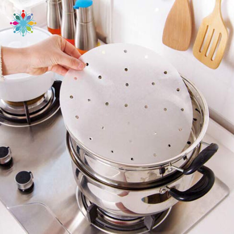 100Pcs 22Cm Bamboe Steamer Papier Lucht Friteuse Liner Perkament Bamboe Steamer Papier Mat Geperforeerde Lucht Friteuse Cake Maken tool Tls