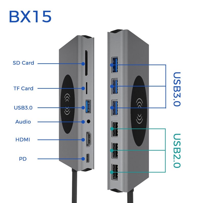 15-In-1 Usb C Hub Laptop Docking Station Type C Hub Draadloze Oplader Voor Laptop Power Levering met 1000M Rj45 Ethernet