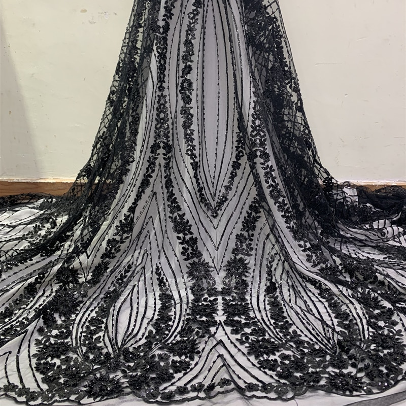 Zwart Wit Afrikaanse Sequin Lace Stoffen 3D Bloemen Nigeriaanse Tule Kant Stof met Kralen Voor Trouwjurk