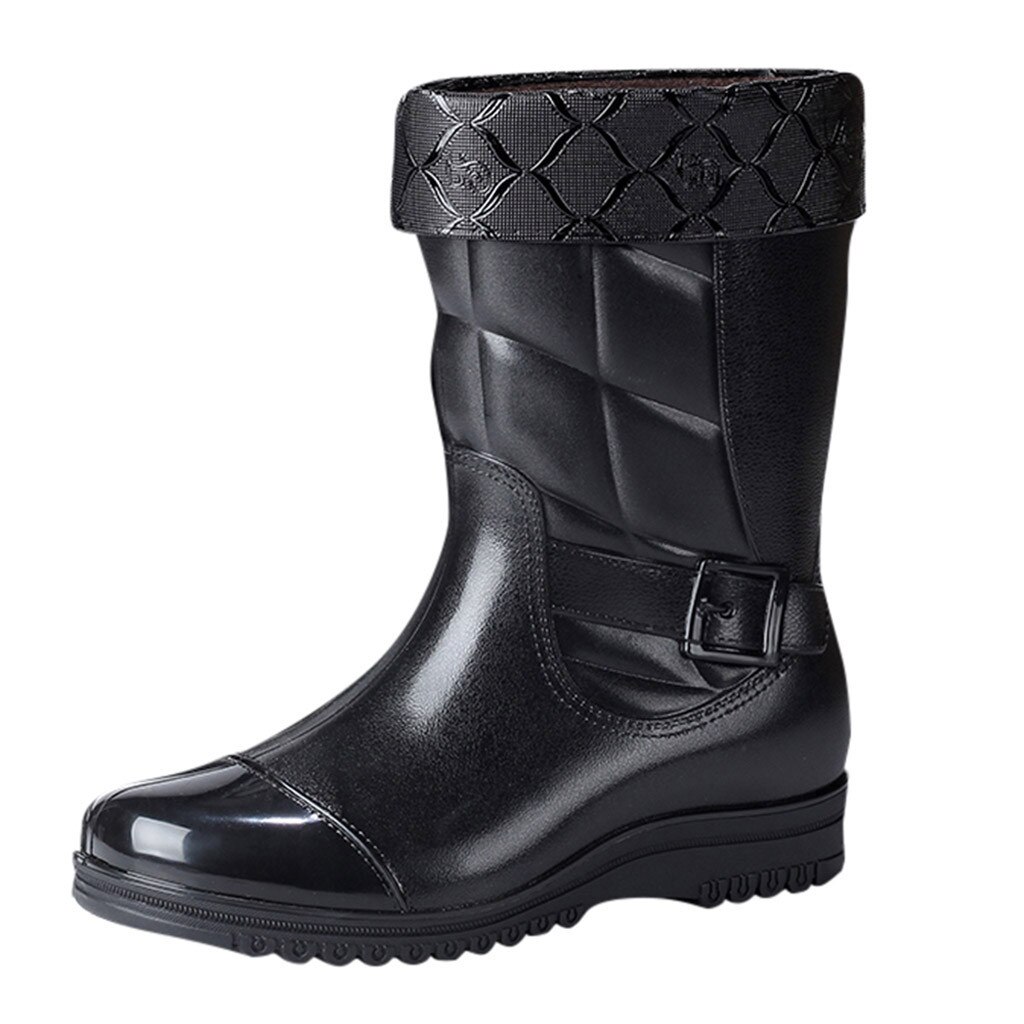 YOUYEDIAN negro fleece sólido ocio hombres de tacón bajo mantener zapatos de punta redonda impermeable medio tubo bota de lluvia # g35: 7.5