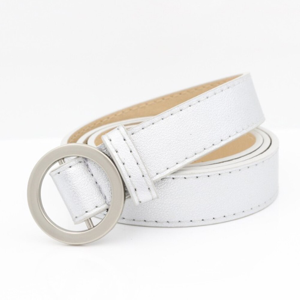 Belt Round Pin Buckle Metal Holeless Female Belt Faux Leather Casual Solid Belts For Women: Silver