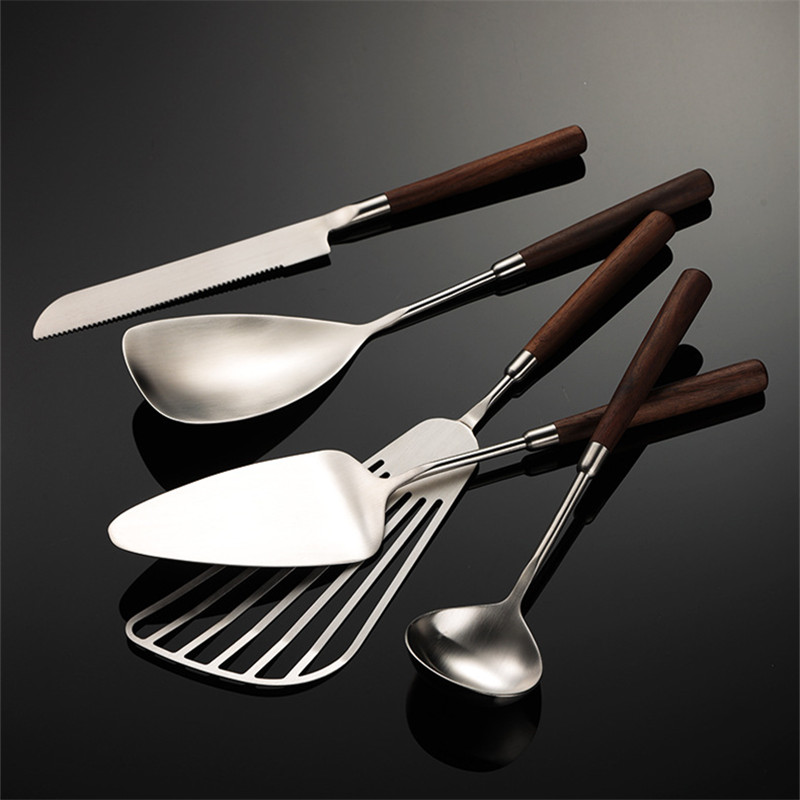 Pala de utensilios de cocina de acero inoxidable 304 de nogal, cuchara pequeña, pala voladora, cuchillo para pastel, espátula, herramientas de cocina, antiescaldado
