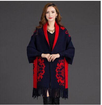 de para mujer Otoño Invierno Warmv patrón de flores Slit mezcla de lana a cuadros manta capa de Poncho abrigo chales con borlas bufanda
