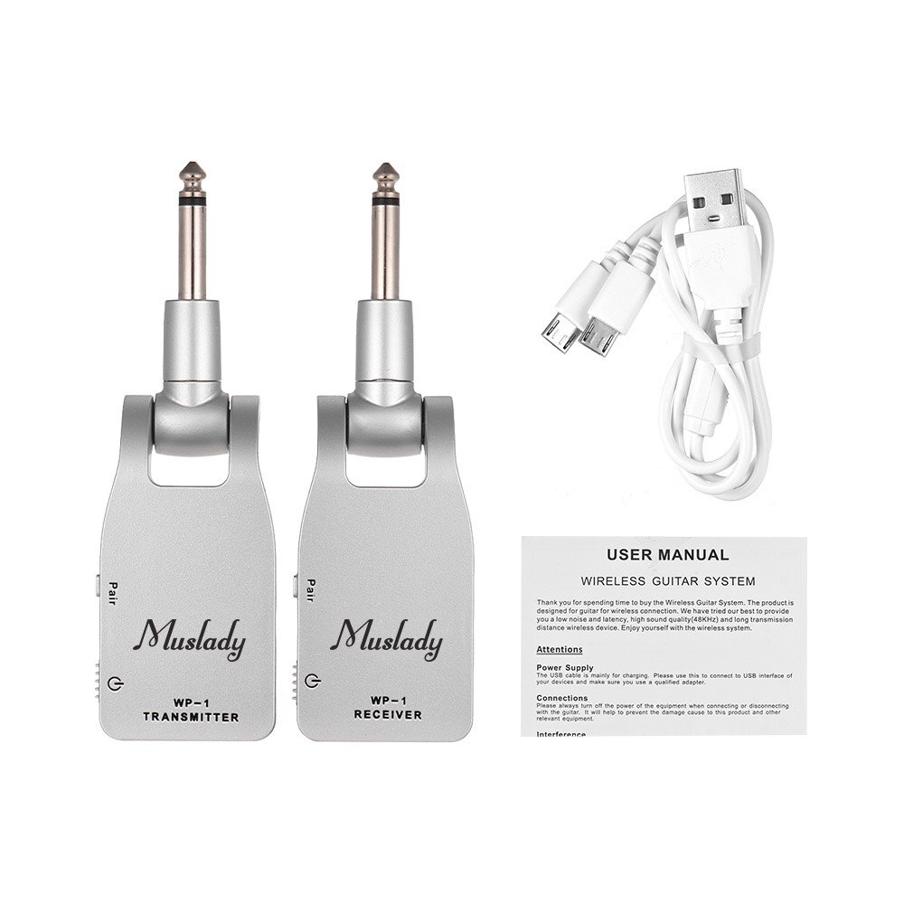 Muslady 2.4G Wireless Guitar System Transmitter & Receiver Built-in Rechargeable Lithium Battery 30M Transmission: silver