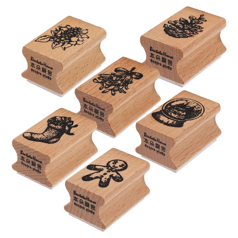 6pcs Wooden Christmas Stampers Cartoon Seal Toys Christmas Themed Stamper Set for Arts Crafts Drawing (Six Patterns)