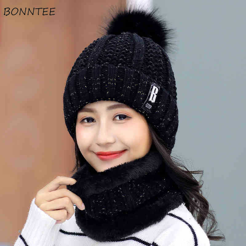 Tørklæde og hat sæt kvinder vinter plus fløjl fortykning hatte strikket trendy varme tørklæder koreanske kvinder solid sød studerende dagligt