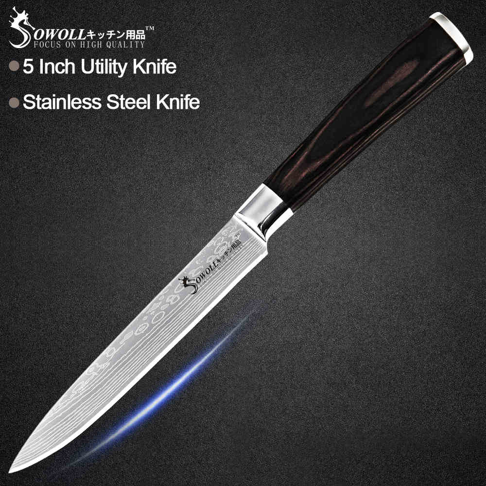 Sowoll Stainless Steel Cooking Knife Damascus Pattern Blade Chef Slicing Santoku Utility Paring Knife Camping Cooking Tools: K.5 utility knife
