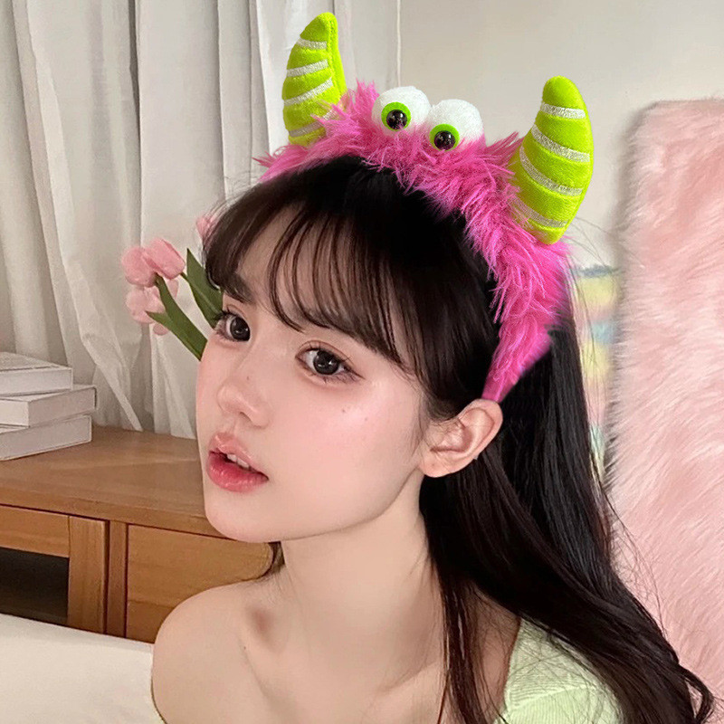 Diademas de felpa divertidas y bonitas, diadema para lavado de cara de pequeño monstruo, bandas antideslizantes para el cabello para mujer, accesorios para el cabello para niña