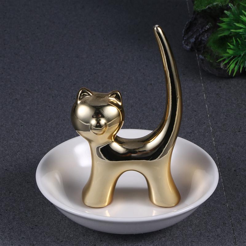 Golden Cat Ceramic Jewelry Storage Plate Organizer Decorative Ring Dish Tray Desktop Ornament for Bracelet Earring Necklace