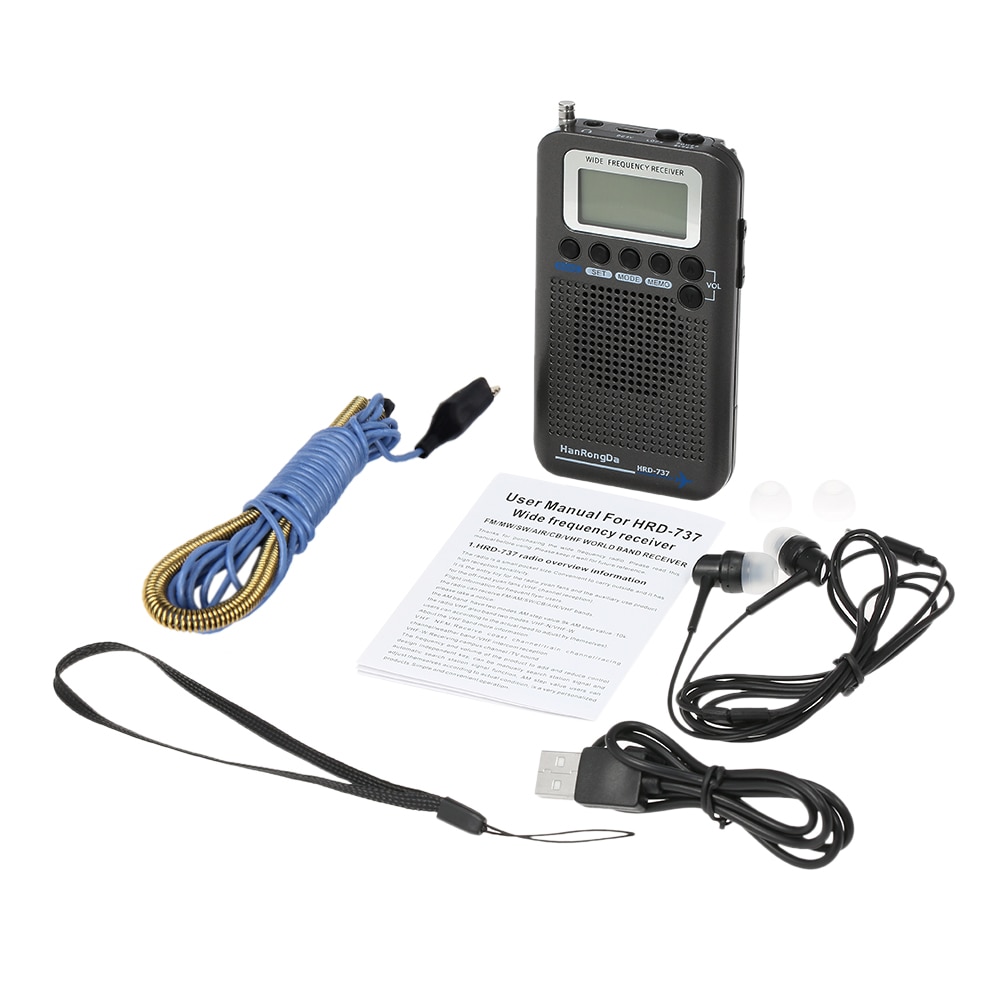 HanRongDa-Radio portátil de banda completa para HRD-737, receptor de banda, FM/AM/SW/ CB/Air/VHF, banda mundial con alarma con pantalla LCD, reloj