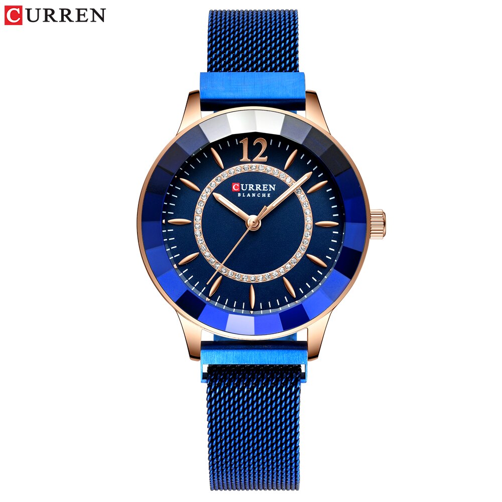 Curren Strass Mode Quartz Mesh Stalen Horloge Voor Vrouwen Causale Blauw Dames Horloge Bayan Kol Saati Classy Luxe Klok