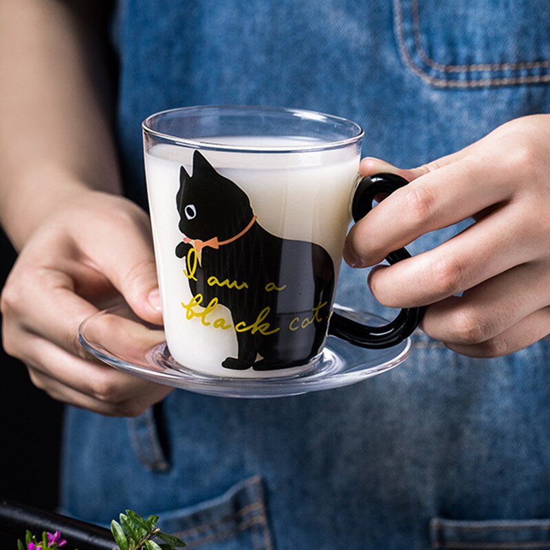 Juego de tazas de café de vidrio con forma de gato negro, taza de té con forma de Animal, estilo japonés Kawaii, para el hogar, 250 ml