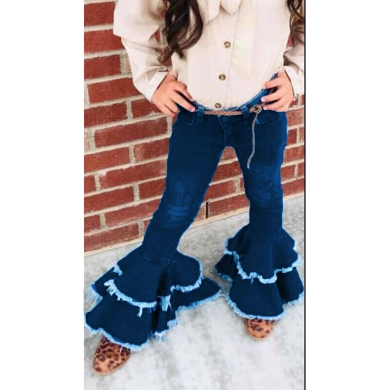 Småbørn børn baby piger denimbukser cowboy bukser med klokkebund dobbelt flæse brede ben til børn