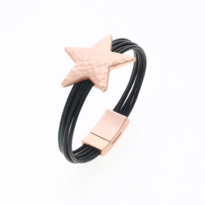 Legierung Stern Magnet Taste Multilayer Leder Charm Armreif 3 Farben Gold Silber Armreifen Für Frauen: Rose Gold Farbe