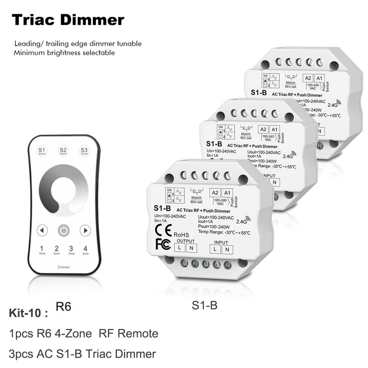 Interruptor de atenuación inalámbrico LED Triac de AC110V-220V, control remoto de atenuación táctil de 4 zonas para LED de un solo Color, 2,4G, S1-B: Kit-10