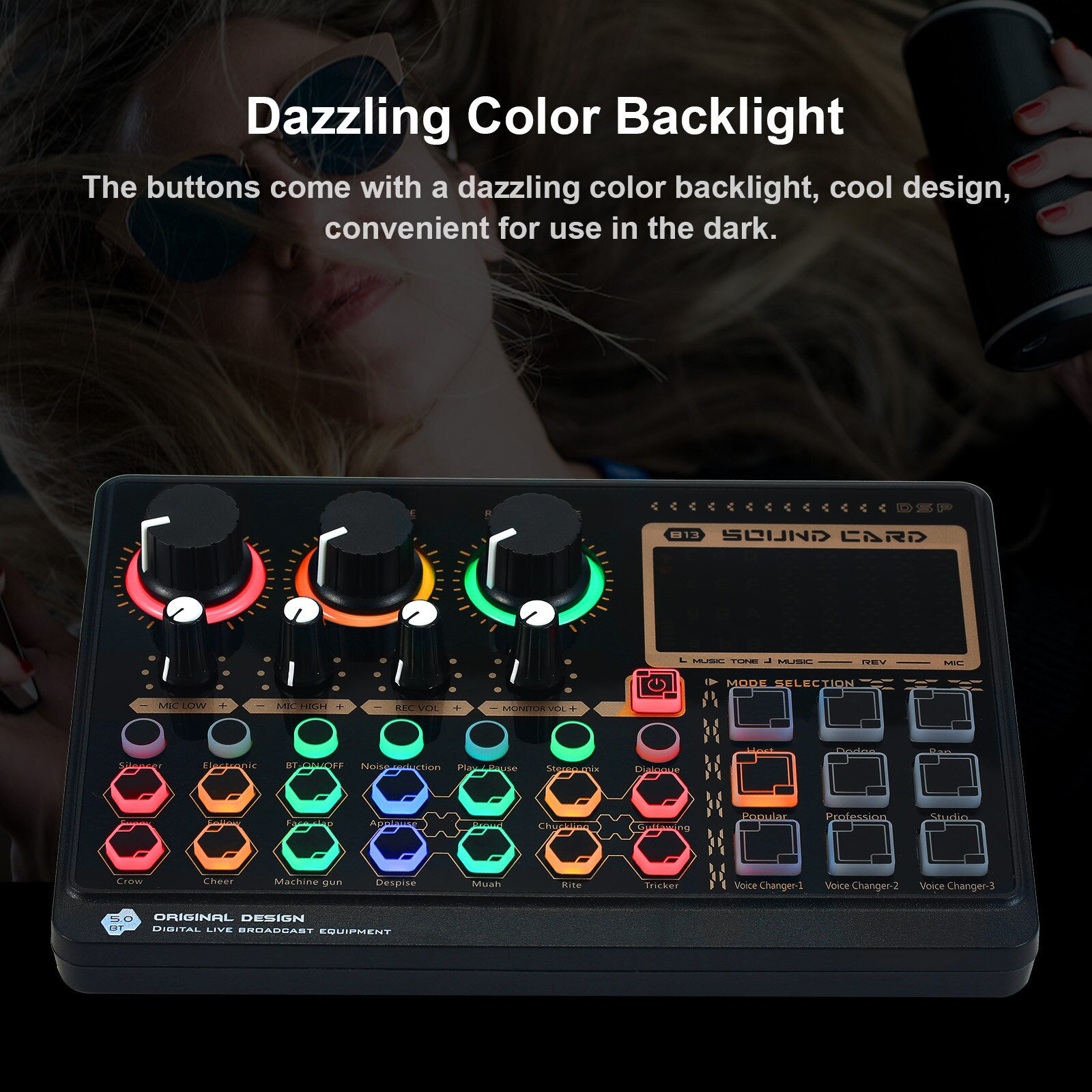 X6mini External Live Sound Card Mini Sound Mixer Board Color Backlight Buttons with 14 Special Effects BT Connection for Laptop