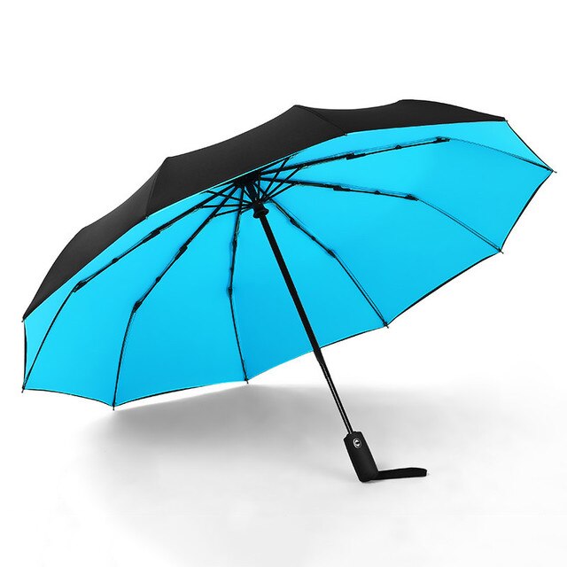 Three Folding Automatic Umbrella Rain Women Auto Luxury Big Windproof Umbrellas academy Men Double layer 10 Ribs Large Parasol: Double blue