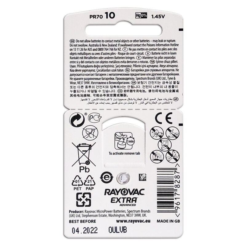 RAYOVAC-batería para audífonos CIC, 6 uds./1 tarjeta EXTRA Zinc Air 1,45 V, A10 10A 10 PR70