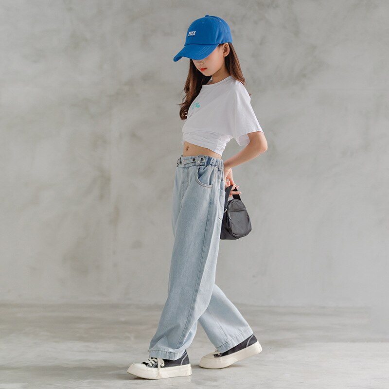 Pantalones vaqueros para niñas de 10 a 12 años, informal de pierna ancha para verano y otoño,