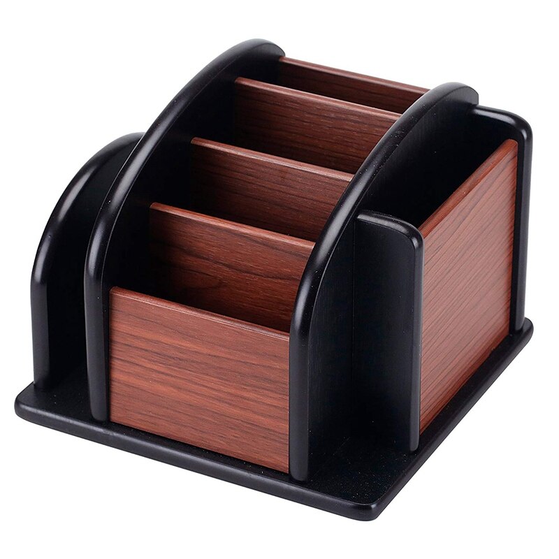6-Compartment Wood Rotating Remote Caddy Desktop Office Supply Organizer Holder Desktop Storage Rack