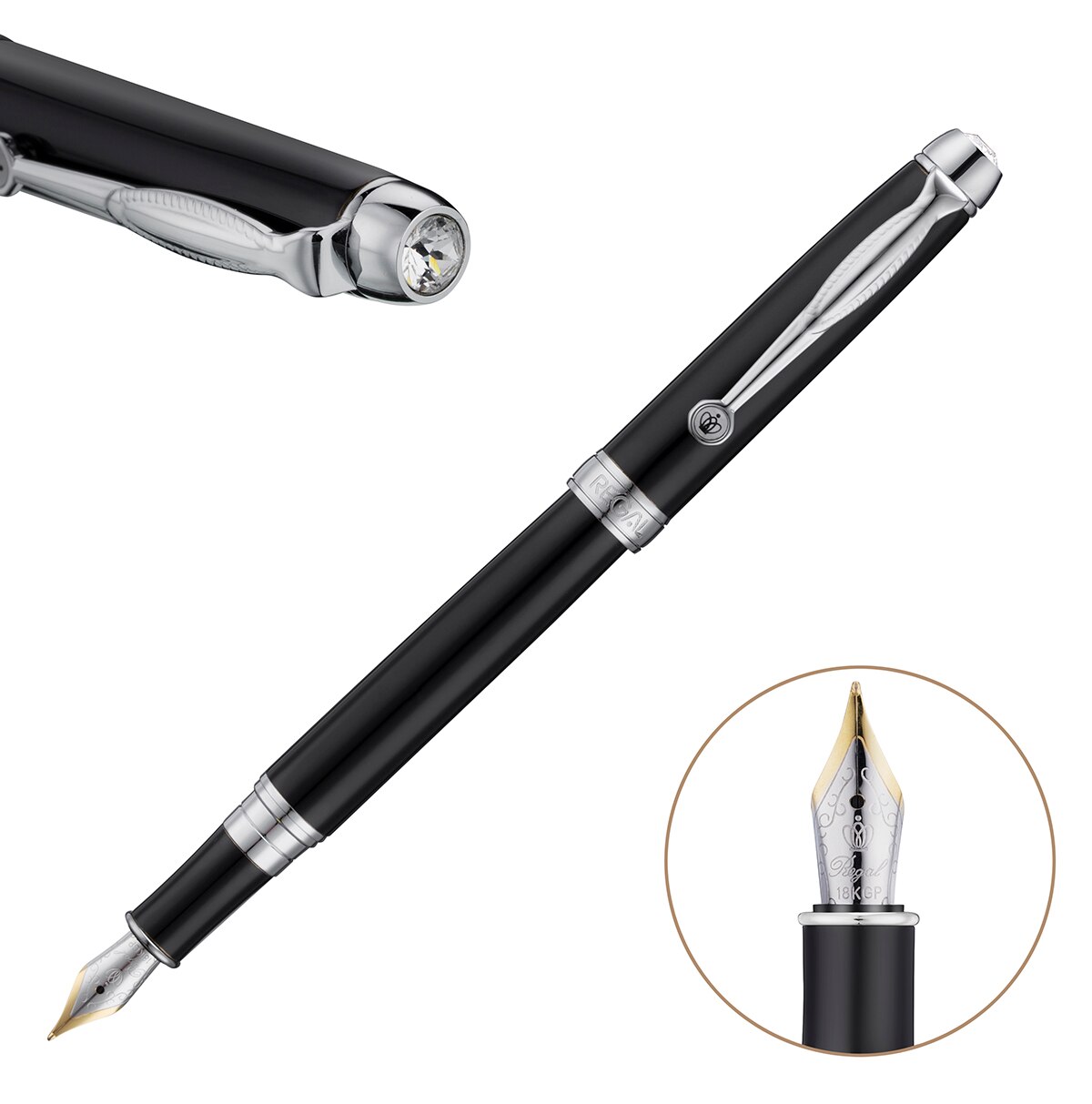 Regal Man-made Diamond Clip Fountain Pen Germany Iridium Medium Nib, Noble Black Business Graduation Pen