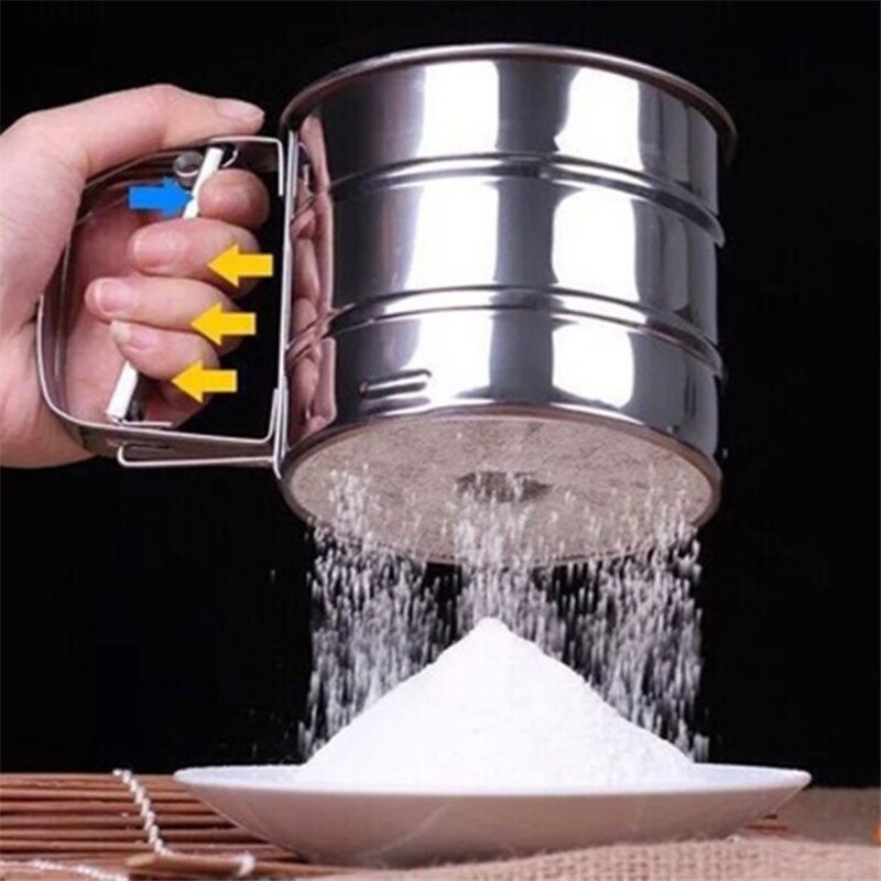 Mezclador de harinas manual de acero inoxidable, taza tamizadora de malla, herramienta para hornear azúcar glaseado, prensado a mano, utensilios para hornear